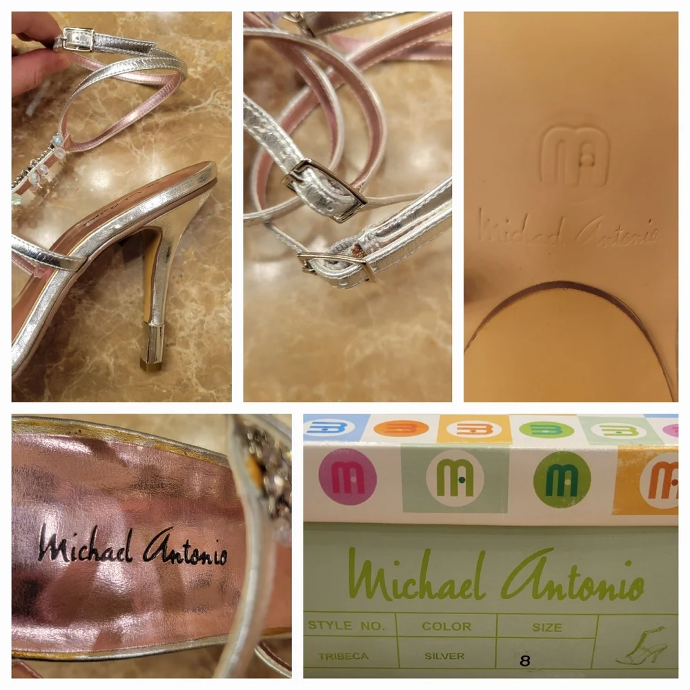 Michael Antonio Bedazzled Ankle Strap Silver Heeled Sandals, Sz 8